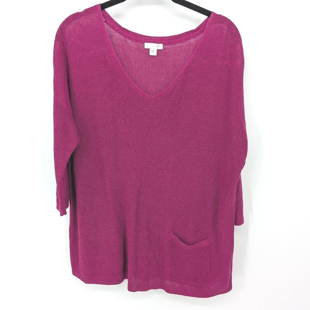 J Jill Linen Blend Sweater Women Medium Magenta Pink 3/4 Sleeve Knit Oversize